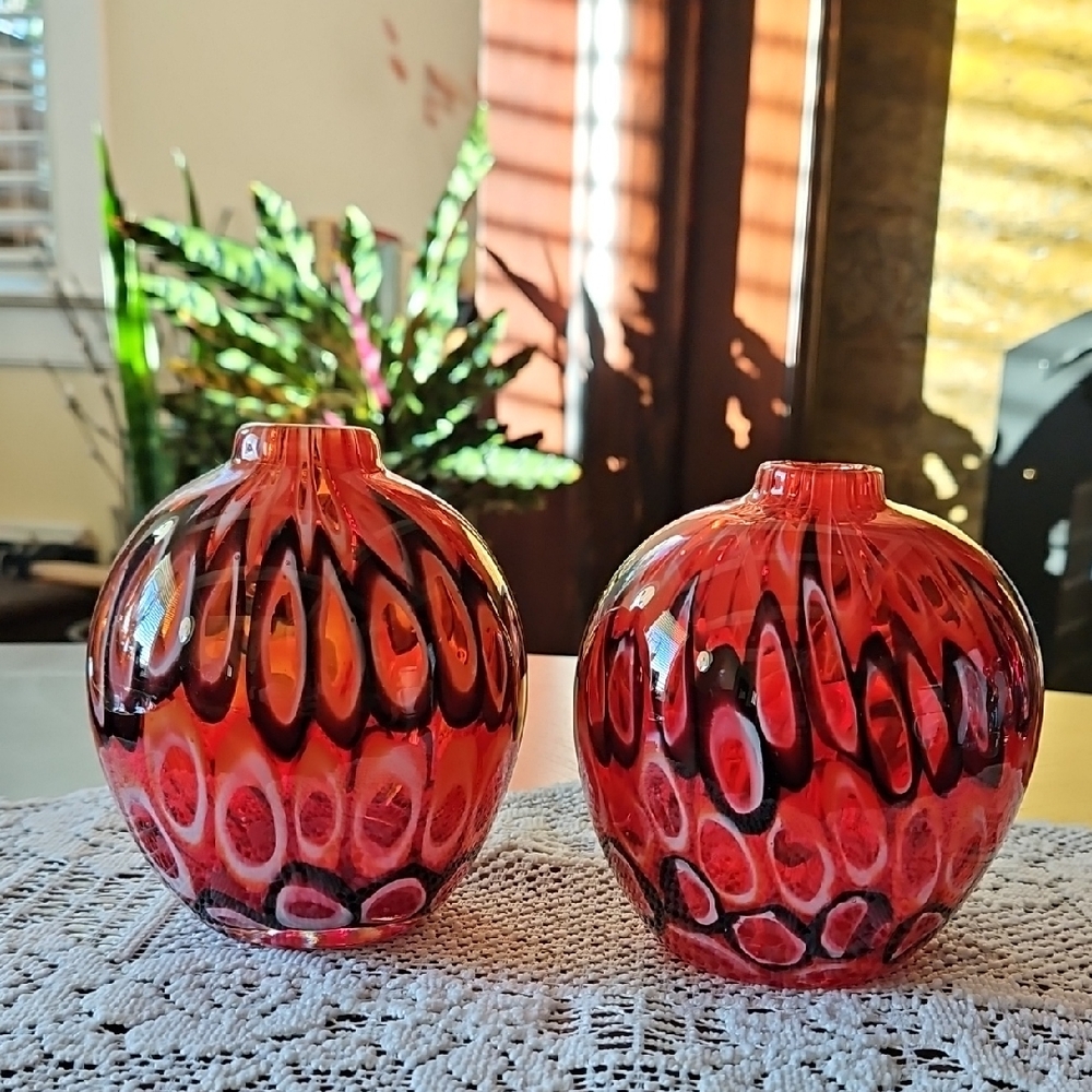 Crate & Barrel Red, White & Black Koda Mini Bud Vases, Set of 2